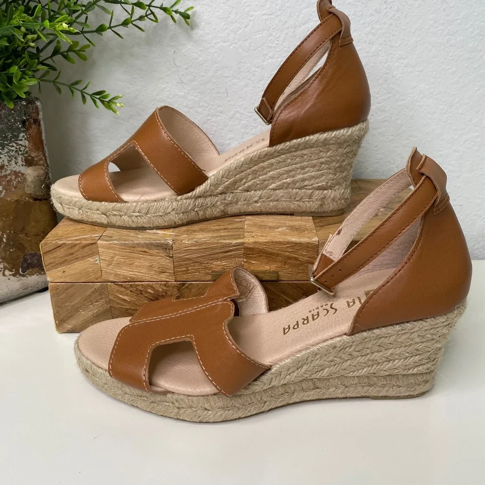 La Scarpa Paris Espadrille Wedge Sandals‎ Ankle Strap Open Toe Tan Leather EU 37